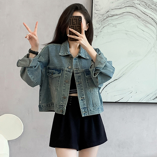 세미크롭 데님 카라 자켓