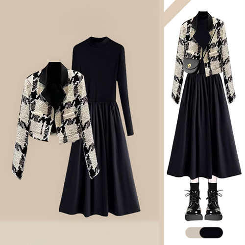 [당일발송] 클래식 패턴 자켓&페미닌 블랙 원피스 2SET