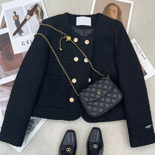 포근한 웰론 누빔 블랙 트위드 자켓