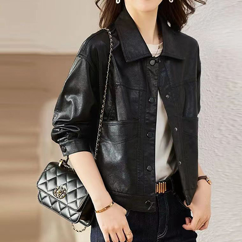 투포켓 버튼 카라 레더 자켓