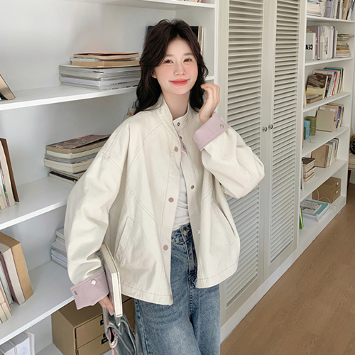 핑크 배색 스탠드넥 자켓