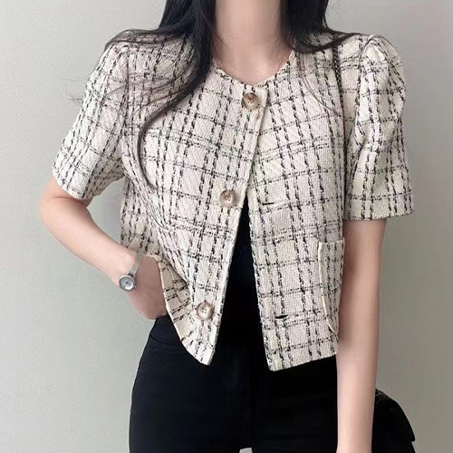 노카라 반팔 트위드 자켓