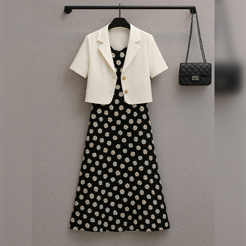 . 미니멀 크롭 금장 반팔 자켓&데이지 브이넥 나시 원피스 2SET