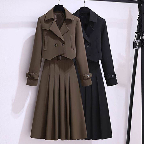 ◈[당일발송] 더블 버튼 카라 자켓&핀턱 스커트 2SET