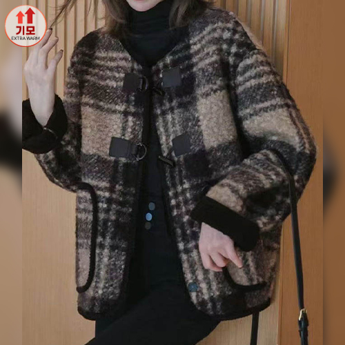 체크 뽀글이 토글 윈터 자켓