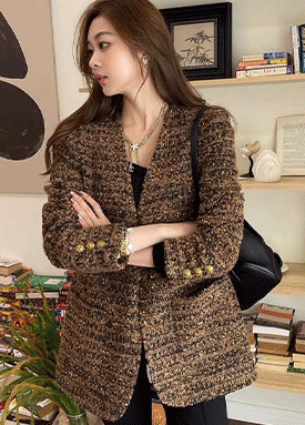 골드 믹스 브이넥 트위드 자켓