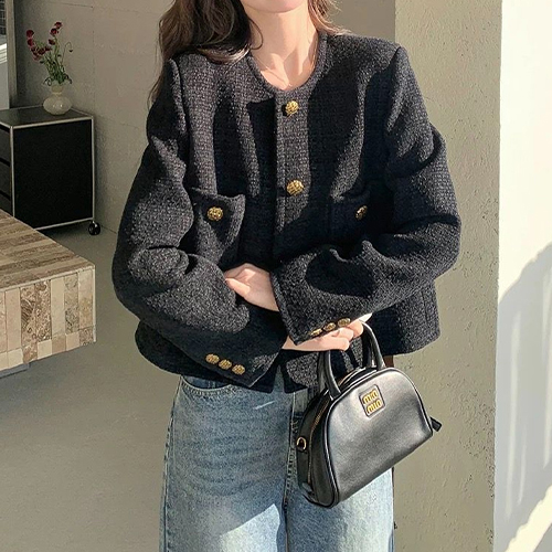 골드 버튼 클래식 트위드 자켓