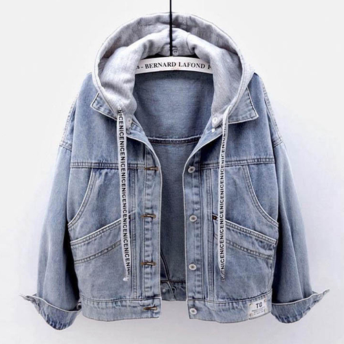 레터링끈 탈부착 후드 데님 자켓