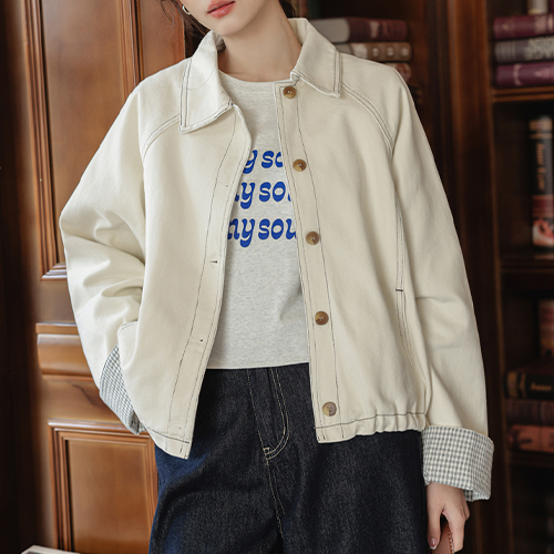 캠퍼스 스티치 체크 롤업 코튼 자켓