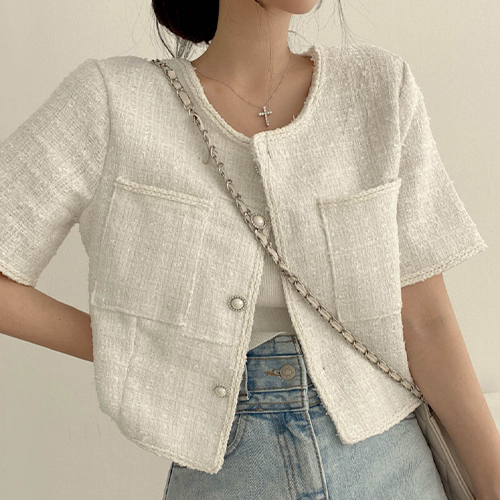 썸머 노카라 진주 버튼 트위드 자켓