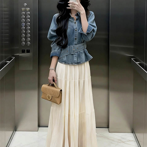 스프링 나들이룩 데님 자켓&플리츠 스커트 2SET