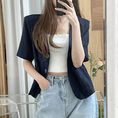 여름 린넨 라이크 버튼 브이넥 반팔 자켓