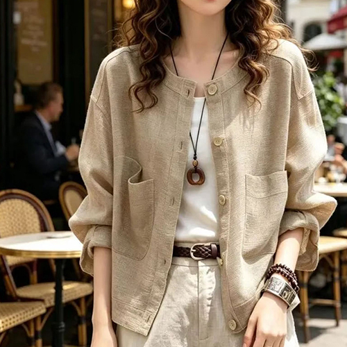 프렌치 린넨 라이크 노카라 자켓 