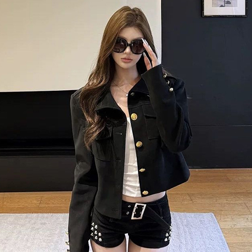 시크 블랙 골드 버튼 숏 자켓