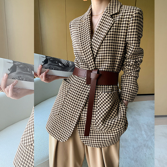 [재입고] 퀼팅 하운드 투스 체크 벨트 세트 자켓 