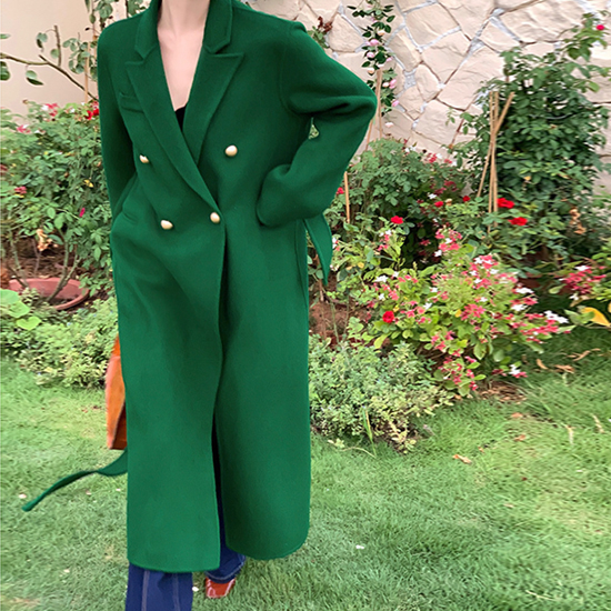 매트 버튼 테일러드 카라 스트랩 롱 코트