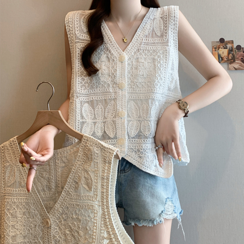 ◈[당일발송] 자수 브이넥 시스루 버튼 베스트