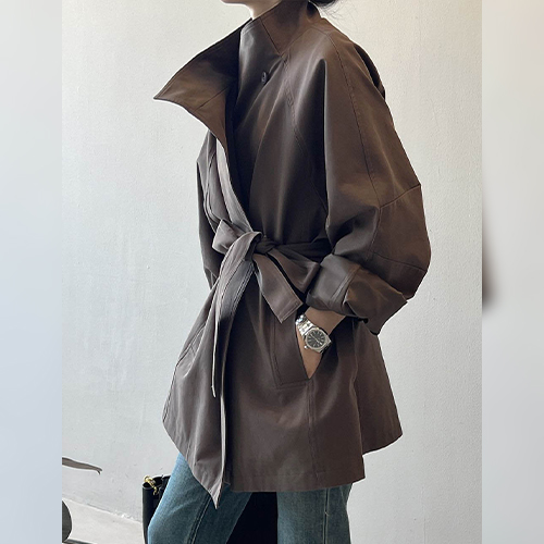 하이넥 루즈핏 벨티드 하프 코트