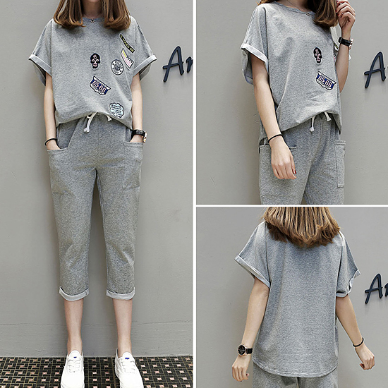 ◈[당일발송] 와펜 라운드 반팔 티셔츠 팬츠 세트