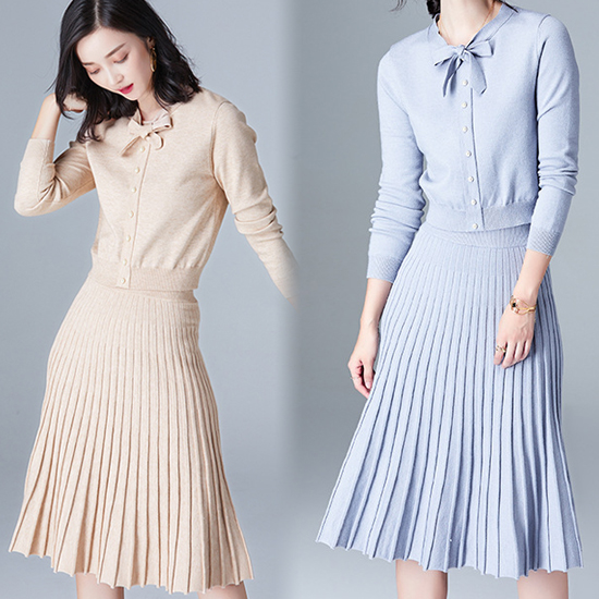 리본 진주 비스코스 니트+플리츠 비스코스 니트 스커트