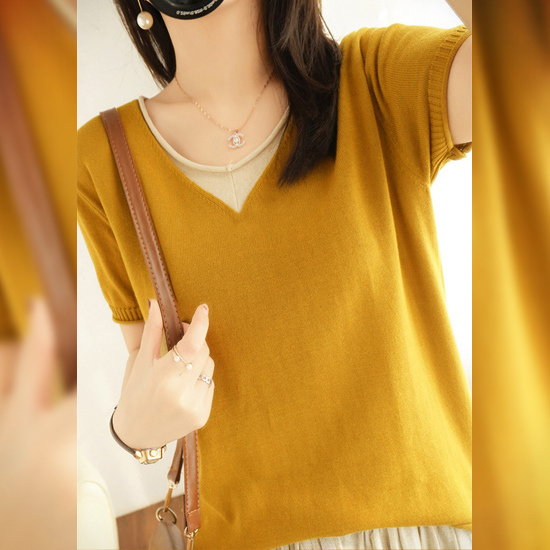 [당일발송]롤링 라운드 브이넥 비스코스 반팔 니트