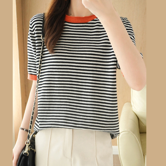 [당일발송2] 비스코스 스트라이프 패턴 썸머 반팔 니트