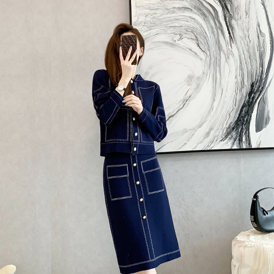 워싱 패턴 포인트 니트&스커트 세트 