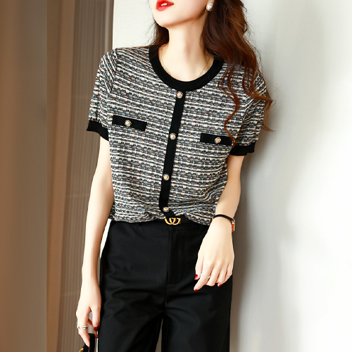 ◈[당일발송] ★금요특가 자정마감 28%★트위드 반팔 버튼 장식 니트