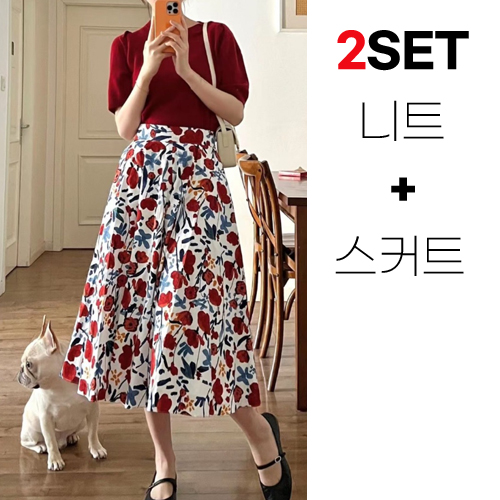  [2SET 29990원!] 퍼프 소매 반팔 니트 + 플라워 패턴 뒷밴딩 스커트 세트