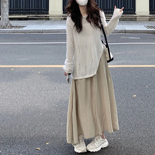 루즈핏 데미지 패턴 니트+셔링 밴딩 롱 스커트 2SET