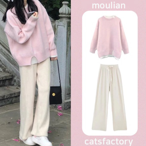 레이어드 니트 맨투맨+코듀로이 와이드 밴딩 팬츠 2SET