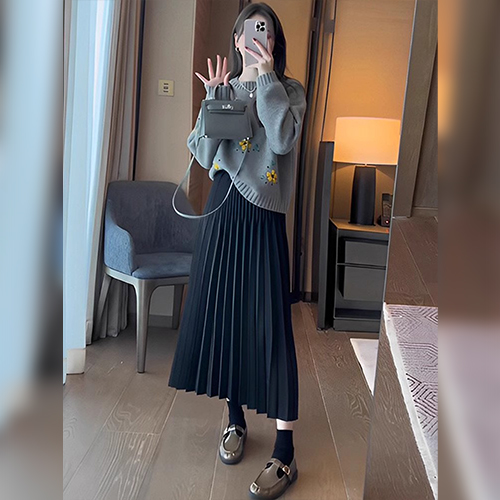 ★일요특가★러블리 플라워 니트+블랙 플리츠 스커트 2SET