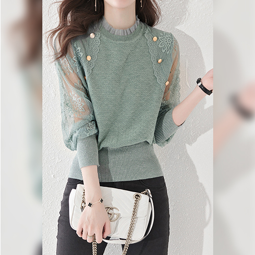 ◈[당일발송] 플라워 레이스 시스루 소매 니트