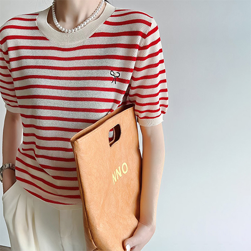 리본진주 줄무늬 여름 반팔 니트