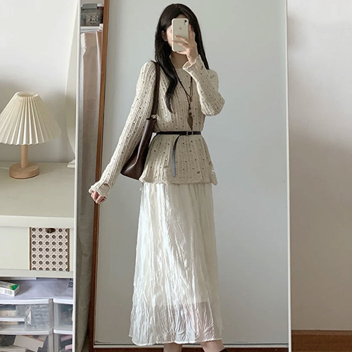 ◈[당일발송] 여리한 아이보리 니트&주름 롱 스커트&벨트 3SET