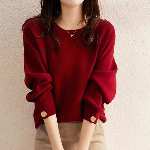 버튼 7부소매 라운드 니트