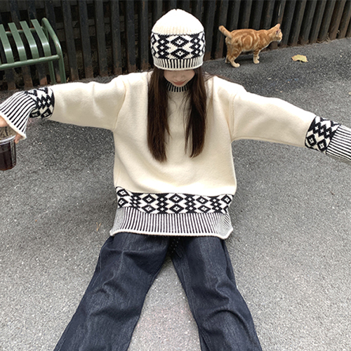 에스닉 패턴 니트&비니 2SET