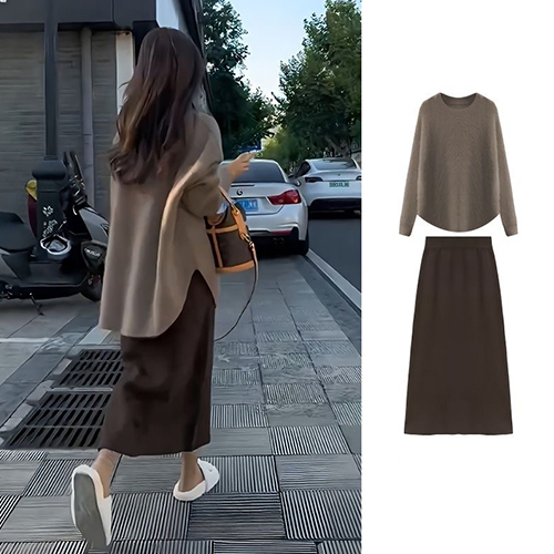 차분한 심플 라운드 니트&밴딩 롱 스커트 2SET