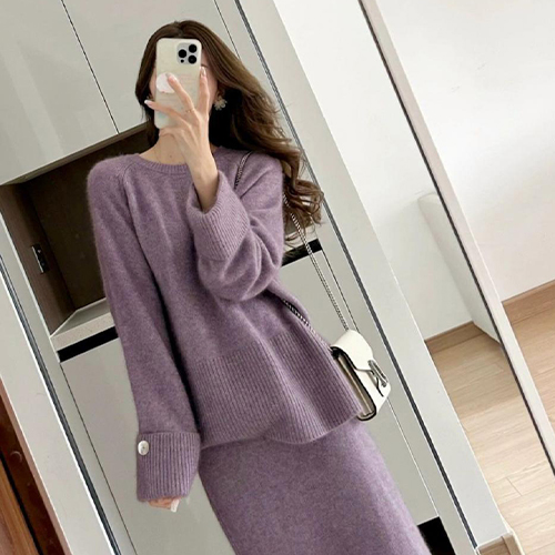 ◈[당일발송] 라벤더 포근 니트&롱 스커트 2SET