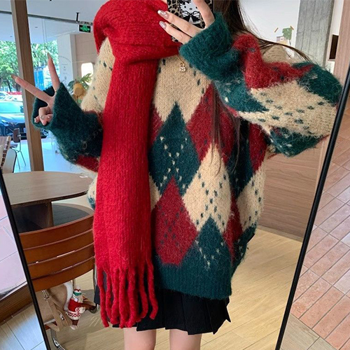 루즈핏 믹스 아가일 니트