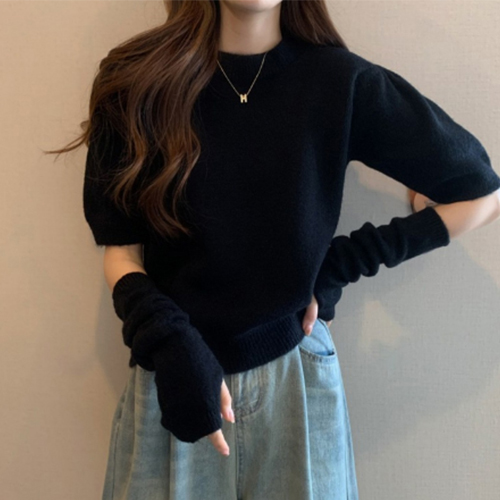 라운드 반팔 퍼프 니트&워머 세트