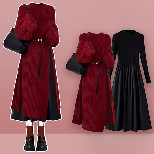 [당일발송]심플 트임 롱 니트&블랙 이너 원피스 3SET [벨트]