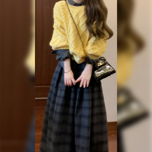 ◈[당일발송] 옐로우 꽈배기 니트&체크 모직 스커트 2SET