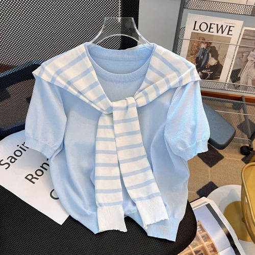 ◈[당일발송] ★토요특가 자정마감 50%★스트라이프 숄 반팔 니트