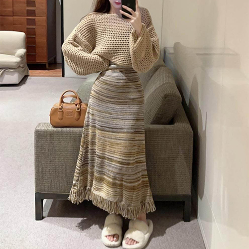 네트 크롭 니트&에스닉 패턴 롱 원피스 2SET