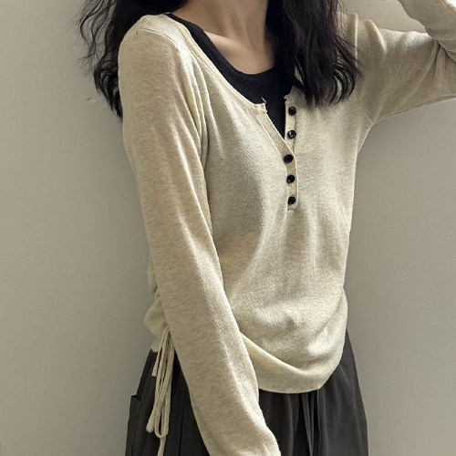 셔링 리본 헨리넥 레이어드 니트