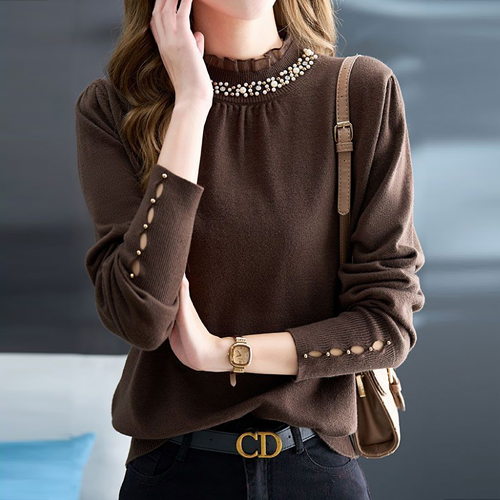 ◈[당일발송] 진주넥 버튼 슬리브 프릴 니트