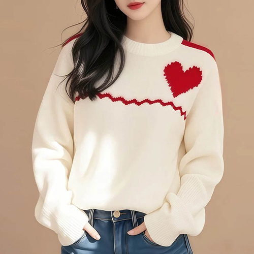 ◈[당일발송]레드 하트 라운드 긴팔 니트