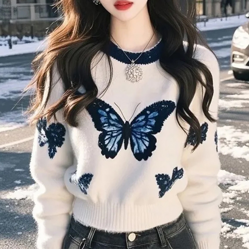 블루 버터플라이 라운드 니트