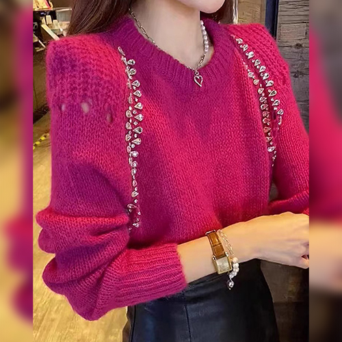 글램 큐빅 세미크롭 니트탑